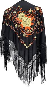 Mantón de Manila Negro con Bordados Naranja y Oro