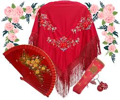 Mantón Granate con Bordado Floral y Abanico de Madera