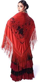 Mantón Flamenco Rojo ANUKA con Flecos y Bordado Negro