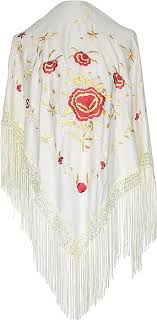 Mantón de Manila Blanco Crema con Bordados Dorados y Rojos